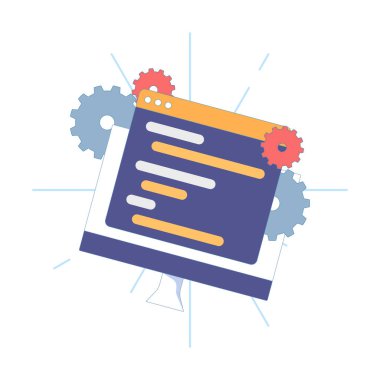 Geliştirici ve programcı konsepti. Dişli yazılım ya da uygulama penceresi programlanıyor. Program betikleri oluşturuluyor, programlar derleniyor. arkaplanda düz tasarım çizimi.