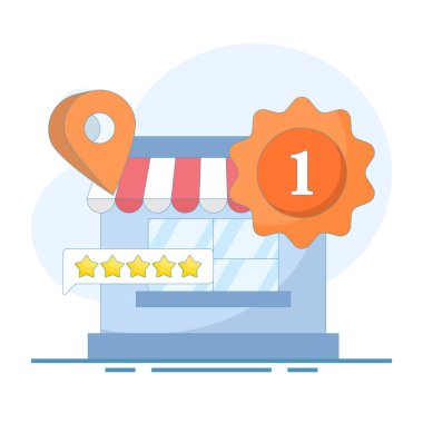 En çok izlenen kavram. Yerel işletmeler, yüksek reytingler ve iyi müşteri değerlendirmeleri. Çevrimiçi itibarı, güveni ve dijital bağlantıyı güçlendirmek. Arkaplanda düz tasarım çizimi.