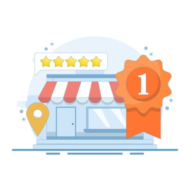 En çok izlenen kavram. Yerel işletmeler, yüksek reytingler ve iyi müşteri değerlendirmeleri. Çevrimiçi itibarı, güveni ve dijital bağlantıyı güçlendirmek. Arkaplanda düz tasarım çizimi.