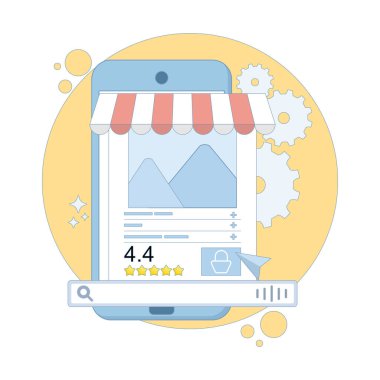 Ses arama konsepti. SEO optimizasyonu, dijital asistan, ses araması, ürün keşfinin iyileştirilmesi ve kullanıcı bağlanması. optimize edilmiş e-ticaret ürün sayfası. düz tasarım illüstrasyon