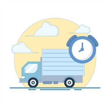 Zaman Teslimatı Konsepti. Saatli teslimat kamyonu. Hızlı Teslimat. Hızlı ve güvenli teslimat. Hızlı bir cevap ile paket teslimatı. Arkaplanda Vektör İllüstrasyon Tasarımı.