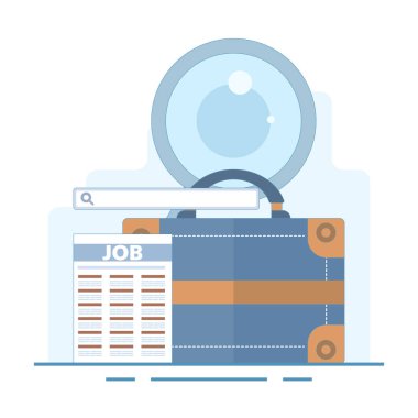 İş arama konsepti, boş iş bilgileri. İşe alım ve adam alma. İş bilgilerini arıyorum. İçinde büyüteç ve işaret olan evrak çantası. Arkaplanda düz stil tasarım kavramı.