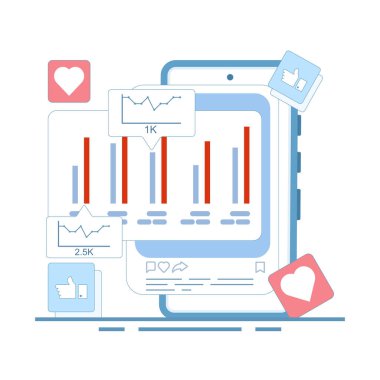 Dijital pazarlama kavramı, sosyal medya beğeni, takipçi ve katılım istatistikleri, sosyal dinleme ve içerik izleme ile sosyal medya performans analizi. Düz vektör illüstrasyonu.