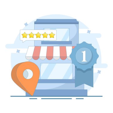 En çok izlenen kavram. Yerel işletmeler, yüksek reytingler ve iyi müşteri değerlendirmeleri. Çevrimiçi itibarı, güveni ve dijital bağlantıyı güçlendirmek. Arkaplanda düz tasarım çizimi.