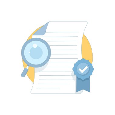 Doğrulanmış Belge Konsepti. Doğrulama Rozeti Belgesi. Onaylanmış belge. Başarılı özgeçmiş kontrolü, inceleme ya da sınav. Onaylanmış sözleşme, anlaşma. Vektör İllüstrasyon Tasarımı.