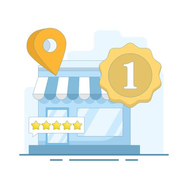 En çok izlenen kavram. Yerel işletmeler, yüksek reytingler ve iyi müşteri değerlendirmeleri. Çevrimiçi itibarı, güveni ve dijital bağlantıyı güçlendirmek. Arkaplanda düz tasarım çizimi.