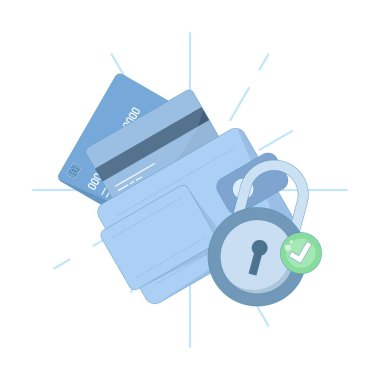 Dijital hesaptaki güvenli para deposu. Kilitli e-cüzdan, finansal hizmetler, fintech uygulamaları, siber güvenlik, ya da dijital cüzdan ve ödeme sistemleri için. Düz tasarım çizimi.