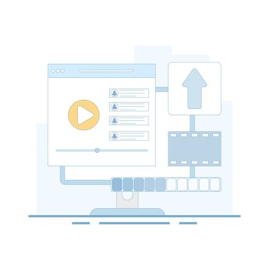 Streaming Platform için video yükleme vektör illüstrasyonu, İnternet kullanıcısı video yükleme, video kaydı. Sosyal ve İçerik Paylaşımı. Düz Çizgi film Vektörü.