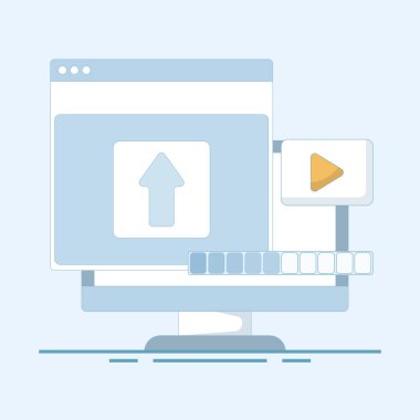Streaming Platform için video yükleme vektör illüstrasyonu, İnternet kullanıcısı video yükleme, video kaydı. Sosyal ve İçerik Paylaşımı. Düz Çizgi film Vektörü.