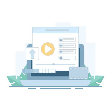 Streaming Platform için video yükleme vektör illüstrasyonu, İnternet kullanıcısı video yükleme, video kaydı. Sosyal ve İçerik Paylaşımı. Düz Çizgi film Vektörü.