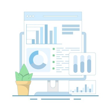 Dijital Veri Analizi Çizelgesi Vektör İllüstrasyonu. Bilgisayar ekranında grafik diyagramı. Dijital finansal şema. Büyümeyi ve karı gösteren diyagram. Düz tasarım vektör çizimi.