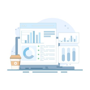 Dijital Veri Analizi Çizelgesi Vektör İllüstrasyonu. Bilgisayar ekranında grafik diyagramı. Dijital finansal şema. Büyümeyi ve karı gösteren diyagram. Düz tasarım vektör çizimi.