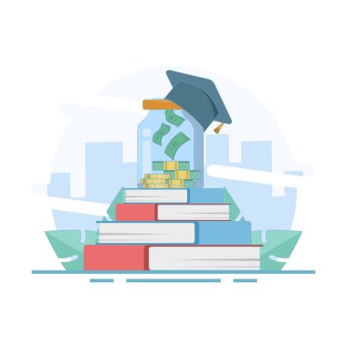 Eğitim parası bütçe konsepti. Eğitim, üniversite ve üniversite harçlarına yatırım yapmak. Eğitim ve bilgi için para. Finansal eğitim. Düz vektör çizimi