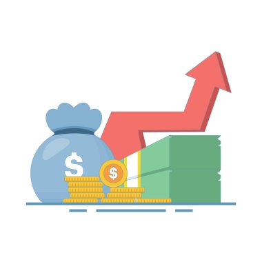 Madeni para yığınları, dolar banknotları ve para çantaları ile finansal büyüme kavramı. Büyümeyi, finansal başarıyı ve yatırımı, para yatırımını gösteren bar tablosu. Gelir ve kar artışı.