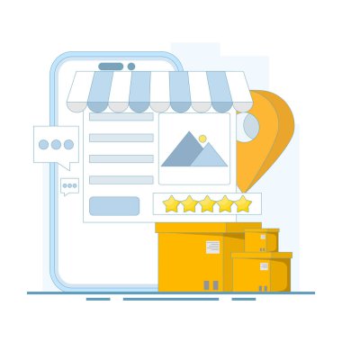 İş Değerlendirme ve İnceleme konsepti, kullanıcılara konum tabanlı tebligatlar göndermek. Yerel Pazarlama için coğrafya. Yerel işletme SEO 'su, küçük işletme lokasyonlu iş listesi.