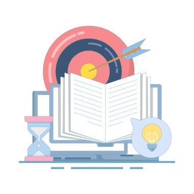 Kendi kendini geliştirme konsepti. Kendini geliştirme. Kendi kendine öğrenme, çevrimiçi eğitim, e-kitaplar, uzaktan öğrenme. Kişisel becerilerini geliştirmek için hedeflerine ulaşıyorsun. Arkaplanda düz tasarım çizimi.