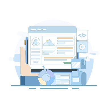 Yapay zekanın vektör illüstrasyonu kodsuz bir web sitesi, web tasarımı ve yapay zeka teknolojili web geliştirmesi, yapay zeka web sitesi oluşturucusu. düz tasarım illüstrasyon.