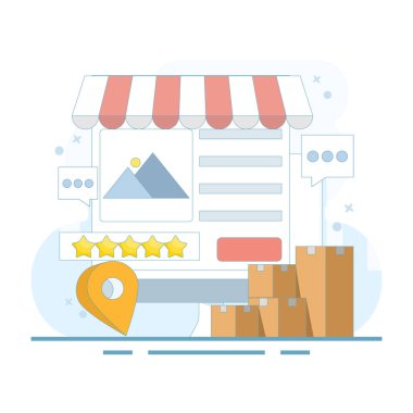 İş Değerlendirme ve İnceleme konsepti, kullanıcılara konum tabanlı tebligatlar göndermek. Yerel Pazarlama için coğrafya. Yerel işletme SEO 'su, küçük işletme lokasyonlu iş listesi.