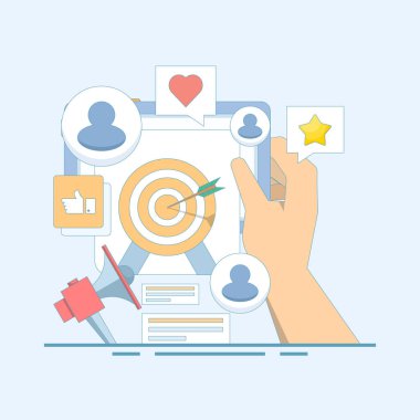 reklam hedefleme konsepti. Özel izleyici yeniden pazarlama kampanyası, iş ve arama reklam hedeflemesi, sosyal medya hakkında vektör illüstrasyonu. mobil pazarlama. düz tasarım illüstrasyon.