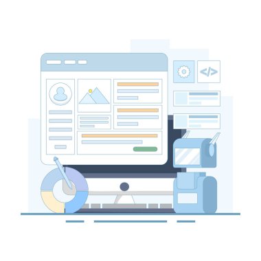 Yapay zekanın vektör illüstrasyonu kodsuz bir web sitesi, web tasarımı ve yapay zeka teknolojili web geliştirmesi, yapay zeka web sitesi oluşturucusu. düz tasarım illüstrasyon.