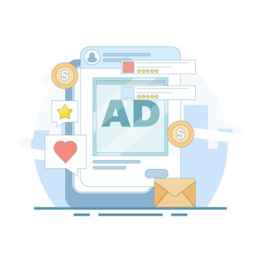 Sosyal medya reklam kavramı, sosyal medyada hedeflenmiş pazarlamanın yürütülmesi, sosyal medya kampanyaları ipuçları ve satışlar, çevrimiçi tanıtım ve pazarlama oluşturur. Düz tasarım çizimi.