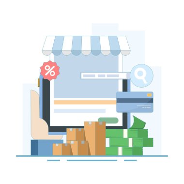 İnternet alışveriş konsepti. El arabasına ekle ve mobil uygulama, ticaret, satın alma ve ödemeyi mobil uygulama ile kontrol et. arkaplanda düz vektör illüstrasyonu.