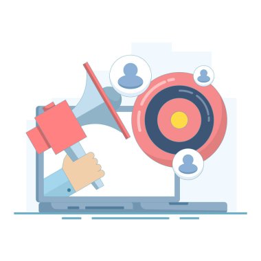 SMM sahne konsepti. Sosyal medya pazarlaması. SMM ile çalışmak için kullanılan dizüstü bilgisayar. topluluk, video, viral, sosyal medya, içerik, mobil ve pazarlama. Arkaplanda düz tasarım çizimi.