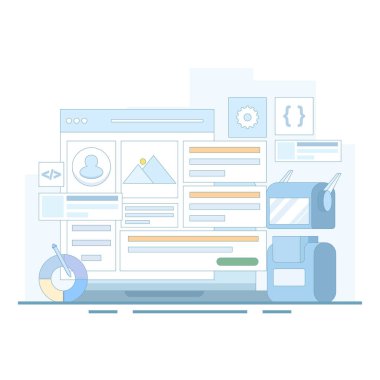 Yapay zekanın vektör illüstrasyonu kodsuz bir web sitesi, web tasarımı ve yapay zeka teknolojili web geliştirmesi, yapay zeka web sitesi oluşturucusu. düz tasarım illüstrasyon.