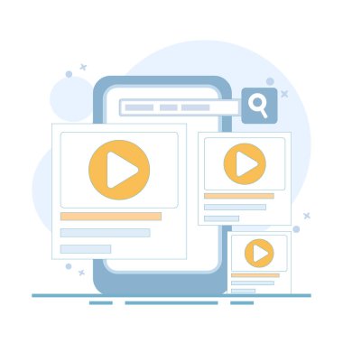 Online video konsepti. Video pencere aygıtı. Çevrimiçi filmler, medya, video klipler ve internet için video oynatıcı. Arkaplanda düz tasarım çizimi.