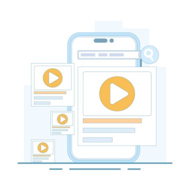 Online video konsepti. Video pencere aygıtı. Çevrimiçi filmler, medya, video klipler ve internet için video oynatıcı. Arkaplanda düz tasarım çizimi.