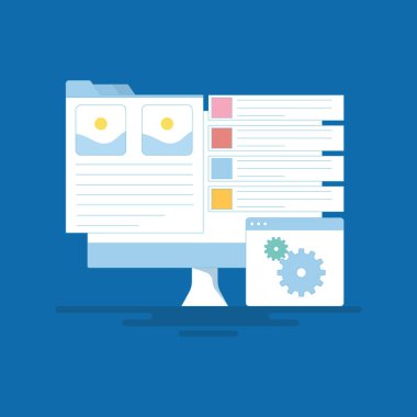 Pazarlama analiz konsepti, İçerik Yönetimi Sistemi, CMS Yazılımı, başlık etiketleriyle içerik optimizasyonu. Web siteleri ve bloglar için CMS, iş veri yönetimi. düz tasarım illüstrasyon.