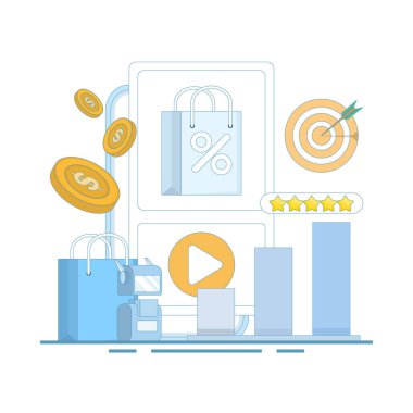 Promosyon ve reklam kavramları. Sosyal medya, iş ve iletişim stratejilerinde içerik oluşturmak için yapay zeka araçlarının kullanımı. Dijital pazarlama, düz tasarım çizimleri.