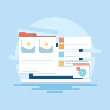 Pazarlama analiz konsepti, İçerik Yönetimi Sistemi, CMS Yazılımı, başlık etiketleriyle içerik optimizasyonu. Web siteleri ve bloglar için CMS, iş veri yönetimi. düz tasarım illüstrasyon.