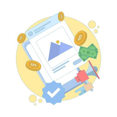 İçerik parasal konsepti, sosyal medyada nasıl para kazanılacağı. Sosyal medya içeriği yaratıcıları çevrimiçi para kazanıyor. İnternetten para kazanmak. Arkaplanda düz tasarım çizimi.