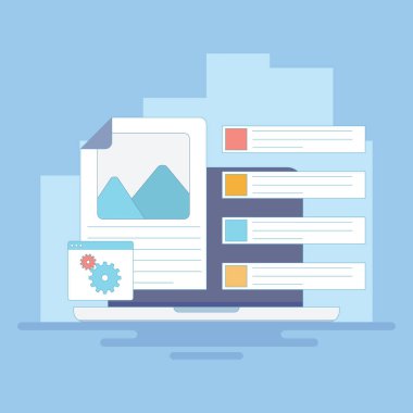 Pazarlama analiz konsepti, İçerik Yönetimi Sistemi, CMS Yazılımı, başlık etiketleriyle içerik optimizasyonu. Web siteleri ve bloglar için CMS, iş veri yönetimi. düz tasarım illüstrasyon.