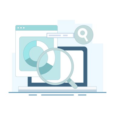 Veri analiz araçlarıyla dizüstü bilgisayarın tasviri. Pazarlama kampanyası analizi, web sitesi trafik veri analizi veri grafikleri ve grafikleriyle SEO raporu, veri analiz yazılımı. Vektör illüstrasyonu.