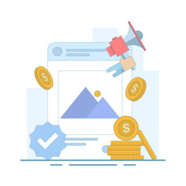 İçerik parasal konsepti, sosyal medyada nasıl para kazanılacağı. Sosyal medya içeriği yaratıcıları çevrimiçi para kazanıyor. İnternetten para kazanmak. Arkaplanda düz tasarım çizimi.