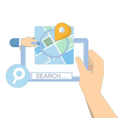 Haritada yer bulma kavramı. Arama Çubuğu ve Pin. GPS ve Navigasyon Sembolü. GPS İşaretleyici. Haritalar, Sosyal Medya, Mobil Uygulamalar için Elementler. arkaplanda düz tasarım çizimi.