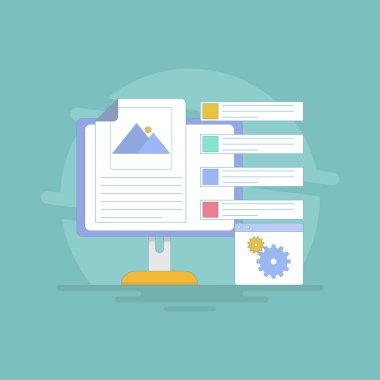 Pazarlama analiz konsepti, İçerik Yönetimi Sistemi, CMS Yazılımı, başlık etiketleriyle içerik optimizasyonu. Web siteleri ve bloglar için CMS, iş veri yönetimi. düz tasarım illüstrasyon.