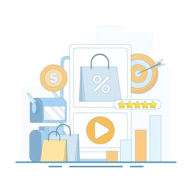 Promosyon ve reklam kavramları. Sosyal medya, iş ve iletişim stratejilerinde içerik oluşturmak için yapay zeka araçlarının kullanımı. Dijital pazarlama, düz tasarım çizimleri.