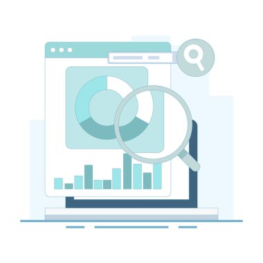 Veri analiz araçlarıyla dizüstü bilgisayarın tasviri. Pazarlama kampanyası analizi, web sitesi trafik veri analizi veri grafikleri ve grafikleriyle SEO raporu, veri analiz yazılımı. Vektör illüstrasyonu.