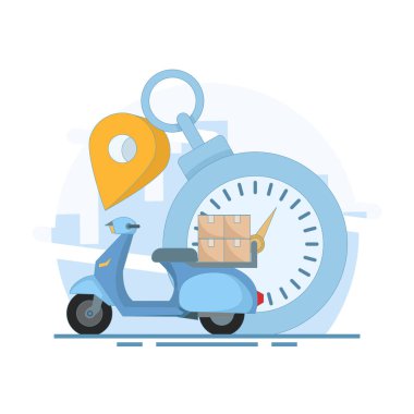 Mobilet kullanan hızlı teslimat konsepti. Kuryeyle online iş teslimatı. Mobil çevrimiçi harita navigasyonu. Scooter 'da Stopwatch ve pin var. Arkaplanda düz tasarım çizimi.