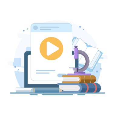 Mesafe ya da online eğitim konsepti, uzaktan eğitim ve evde online seminerler izlemek. Mesafe öğrenme. Modern online eğitim. E-kitap okuyorum. Düz tasarım çizimi.