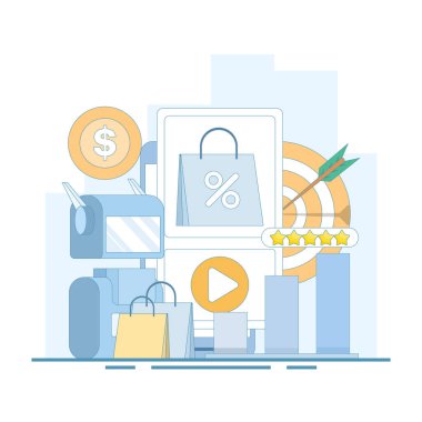 Promosyon ve reklam kavramları. Sosyal medya, iş ve iletişim stratejilerinde içerik oluşturmak için yapay zeka araçlarının kullanımı. Dijital pazarlama, düz tasarım çizimleri.