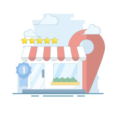 Müşteri çekmek için yerel iş pazarlama stratejisi ve SEO, SEO tabanlı tasviri. Trafik ve arama motoru optimizasyonunu arttırmak için SEO. Arkaplanda düz vektör illüstrasyonu