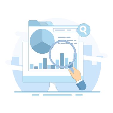 Veri analiz araçlarıyla dizüstü bilgisayarın tasviri. Pazarlama kampanyası analizi, web sitesi trafik veri analizi veri grafikleri ve grafikleriyle SEO raporu, veri analiz yazılımı. Vektör illüstrasyonu.