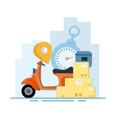 Mobilet kullanan hızlı teslimat konsepti. Kuryeyle online iş teslimatı. Mobil çevrimiçi harita navigasyonu. Scooter 'da Stopwatch ve pin var. Arkaplanda düz tasarım çizimi.