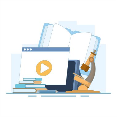 Mesafe ya da online eğitim konsepti, uzaktan eğitim ve evde online seminerler izlemek. Mesafe öğrenme. Modern online eğitim. E-kitap okuyorum. Düz tasarım çizimi.