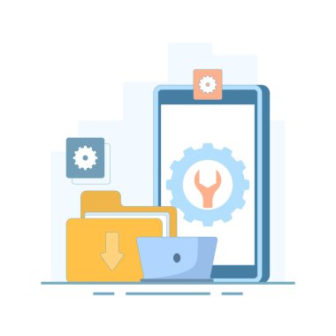 Sistem bakımı, sistem hataları ve sorun giderme. Sistem yazılımı bakım altında. Uyarı ya da bakım. Tamir edilmesi gereken bir güvenlik ya da aygıt. düz tasarım illüstrasyon.