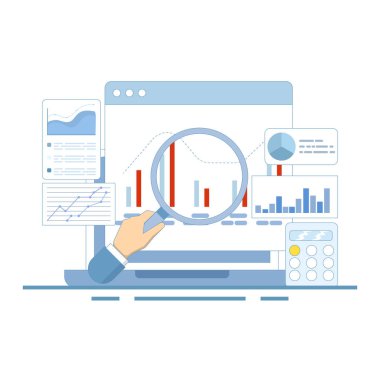 Veri analiz konsepti diyagramı. Veri analizi ve izleme web rapor panelinde. Monitörde diyagram. Monitör ve iş yatırım konsepti. Pasta çizelgesi. düz dizayn.